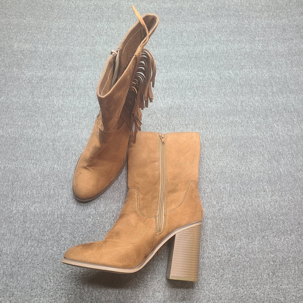 Womens‎ Tan Suede Fringe Ankle Boots Block Heel Side Zip Size 10